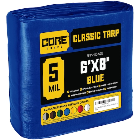 Core Tarps Heavy Duty Tarp, 8 ft L x 0.5 mm H x 6 ft W, 5 Mil, Blue, Polyethylene CT-505-6X8
